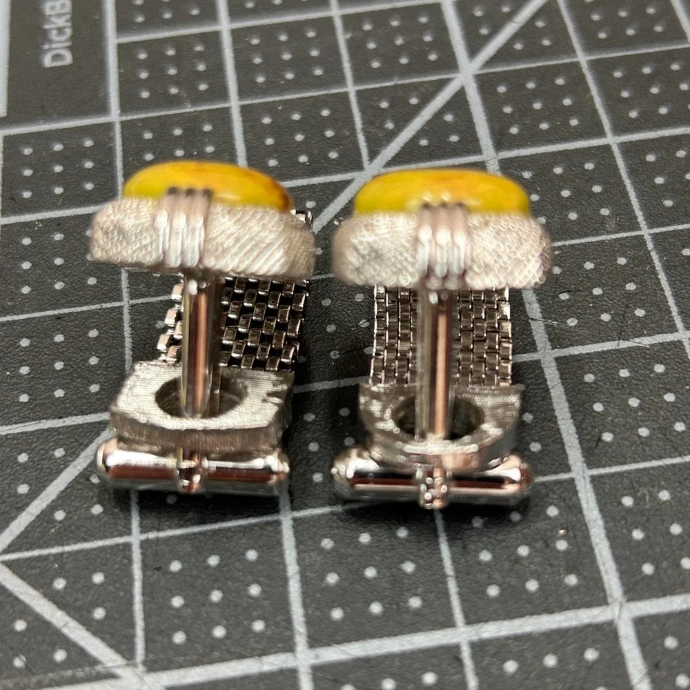 Swank Vintage Mens Wrap Mesh Cufflinks Tie‎ Tack Set Silver Tone Yellow Cabochon
